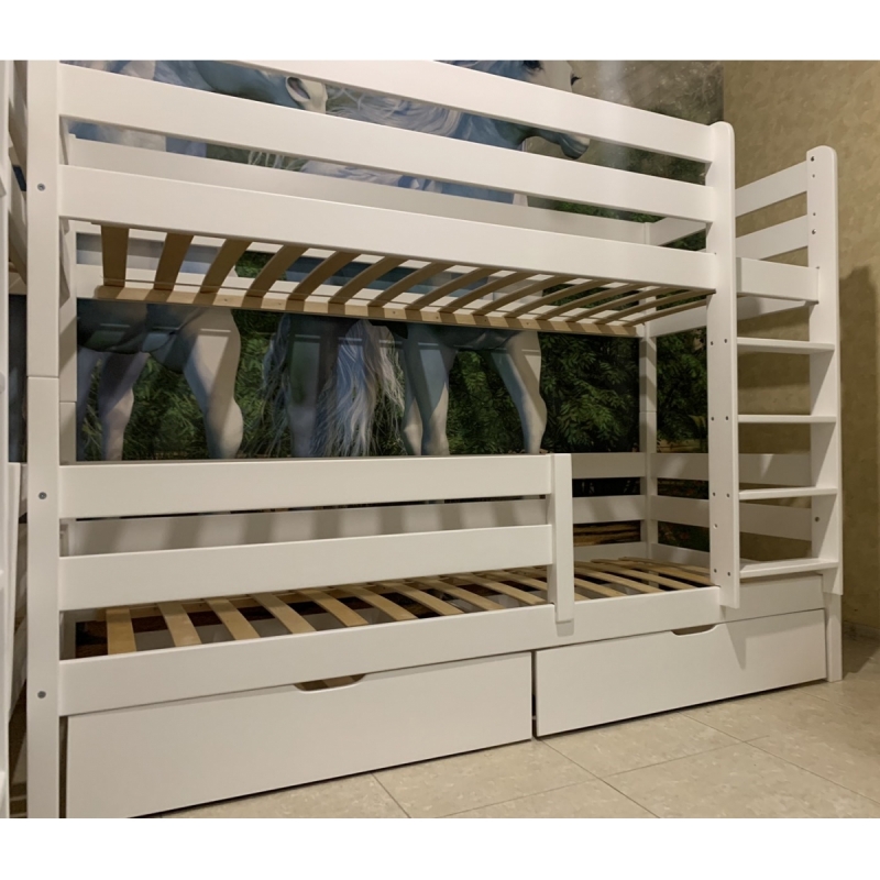 Двухъярусная кровать c бортиком и ящиками Альф maxi (белая)