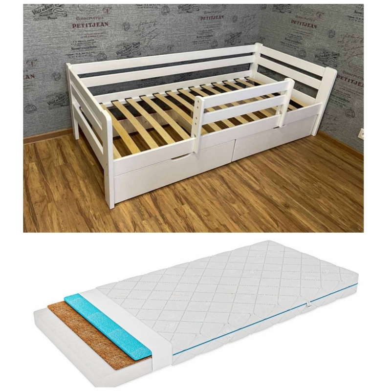 Комплект Кровать Ecodrev Классик с бортиком и ящиками (белая) + матрас Kinder 4